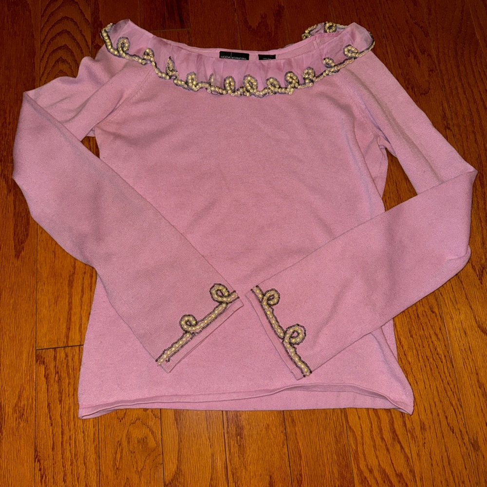 Moda Pink Off-the-Shoulder Sweater with Gold Accents
